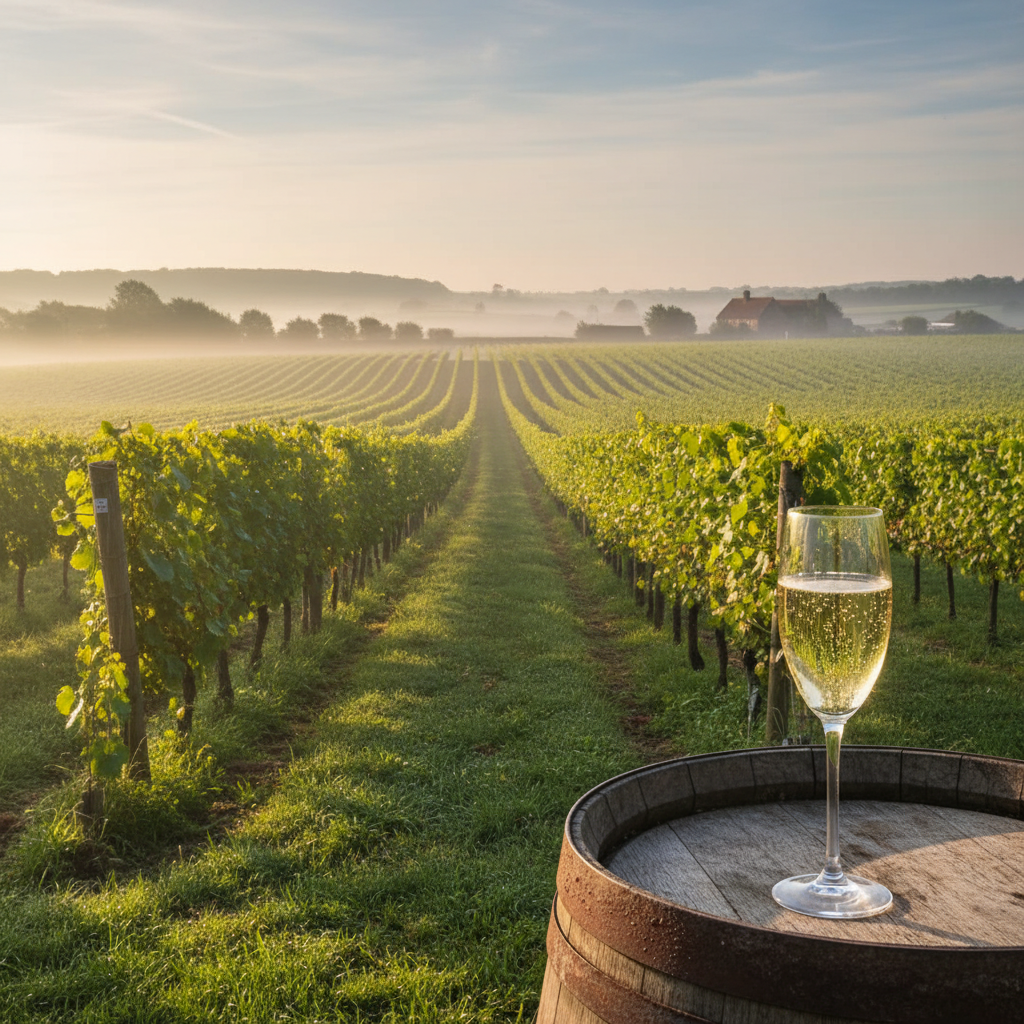 Um copo de vinho espumante britânico sobre um barril de madeira em um vinhedo ensolarado de Sussex.