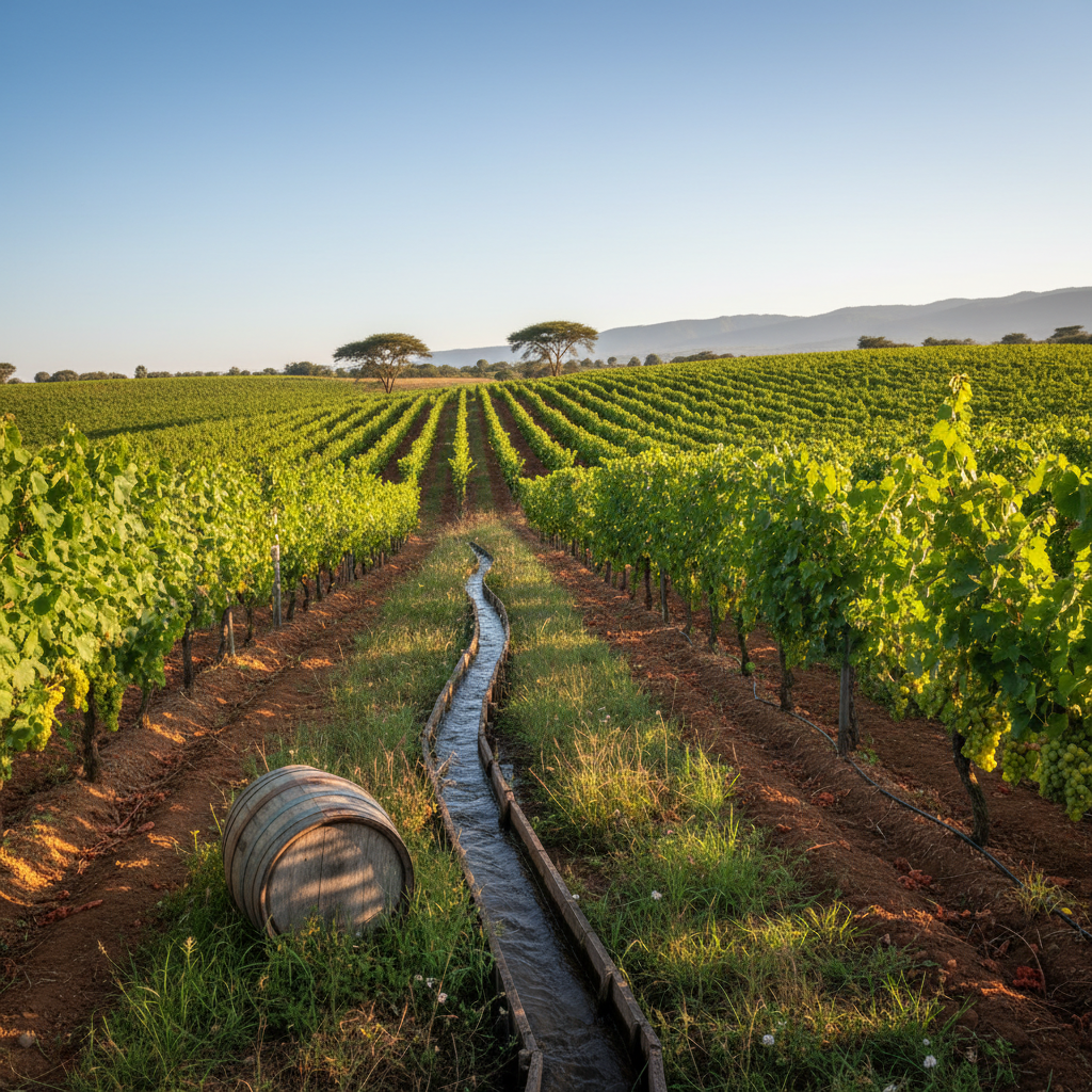 Vinhedo sustentável na Zâmbia com videiras verdes, solo rico e vegetação nativa, simbolizando práticas ecológicas na produção de vinho.