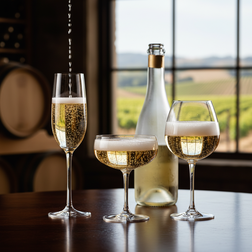 Três tipos de taças de espumante – Flûte, Coupé e Tulipa – com vinho espumante, dispostas sobre uma mesa de madeira em um ambiente de adega ou vinhedo.