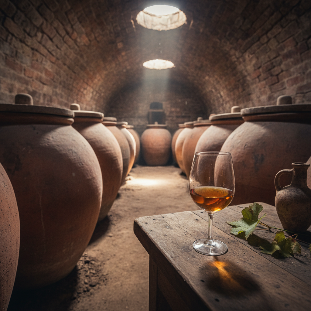 Vinhos esquecidos: Adega tradicional georgiana com ânforas Qvevri e uma taça de vinho âmbar, simbolizando a tradição vinícola da Geórgia e do Tadjiquistão.