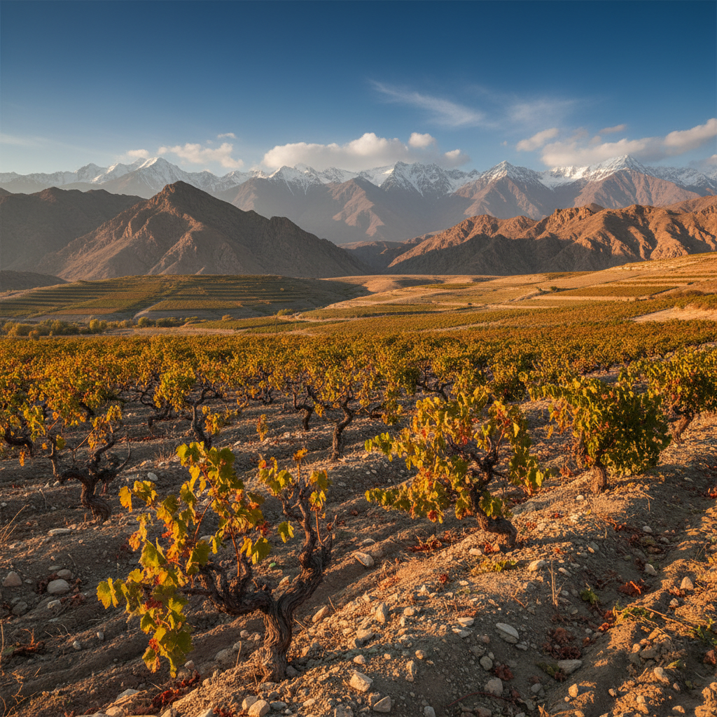 Vinhedo montanhoso no Tajiquistão com picos nevados ao fundo, mostrando a resiliência das vinhas em solo pedregoso sob luz dourada do entardecer.