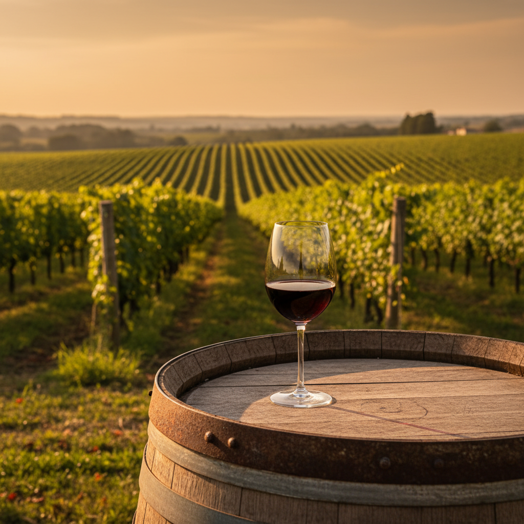 Vinha uruguaia ao pôr do sol com taça de vinho tinto sobre barril de carvalho, simbolizando a riqueza do Tannat.