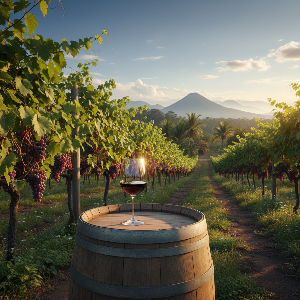 Vinhedo exuberante na Tanzânia com uma taça de vinho tinto em um barril de madeira, refletindo o sol africano.