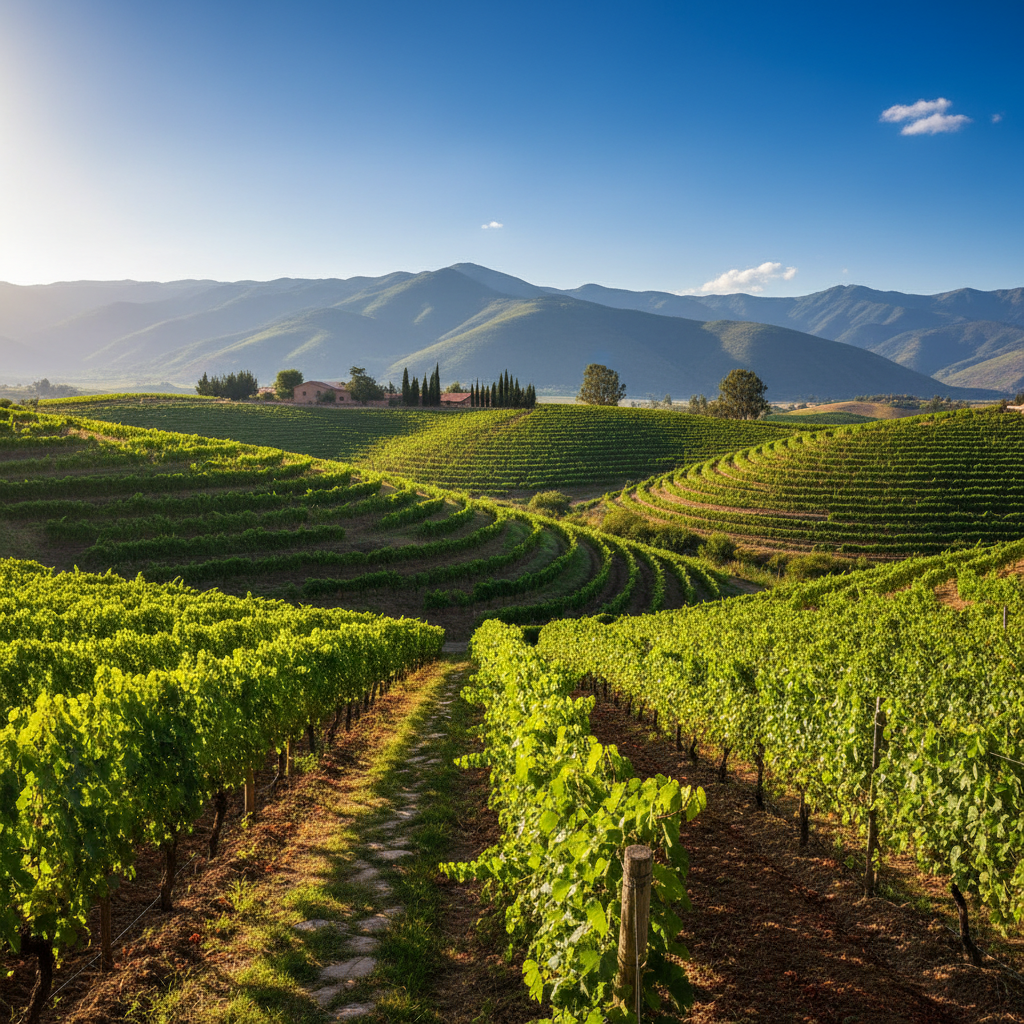 Vinhedo de altitude em Tarija, Bolívia, com videiras verdes e montanhas ao fundo sob céu azul, representando o terroir único do vinho boliviano.