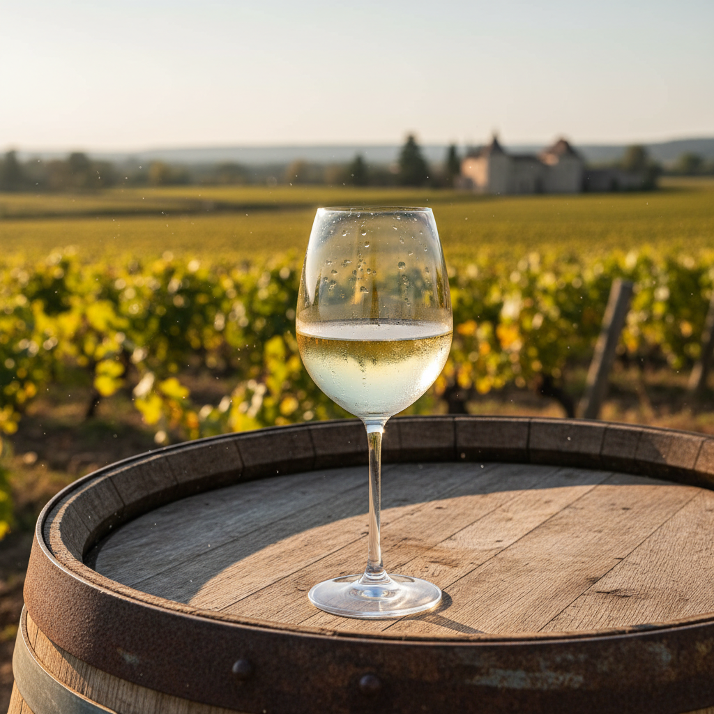 Taça de vinho branco gelado com condensação, sobre um barril de madeira rústico, com um vinhedo ensolarado ao fundo.