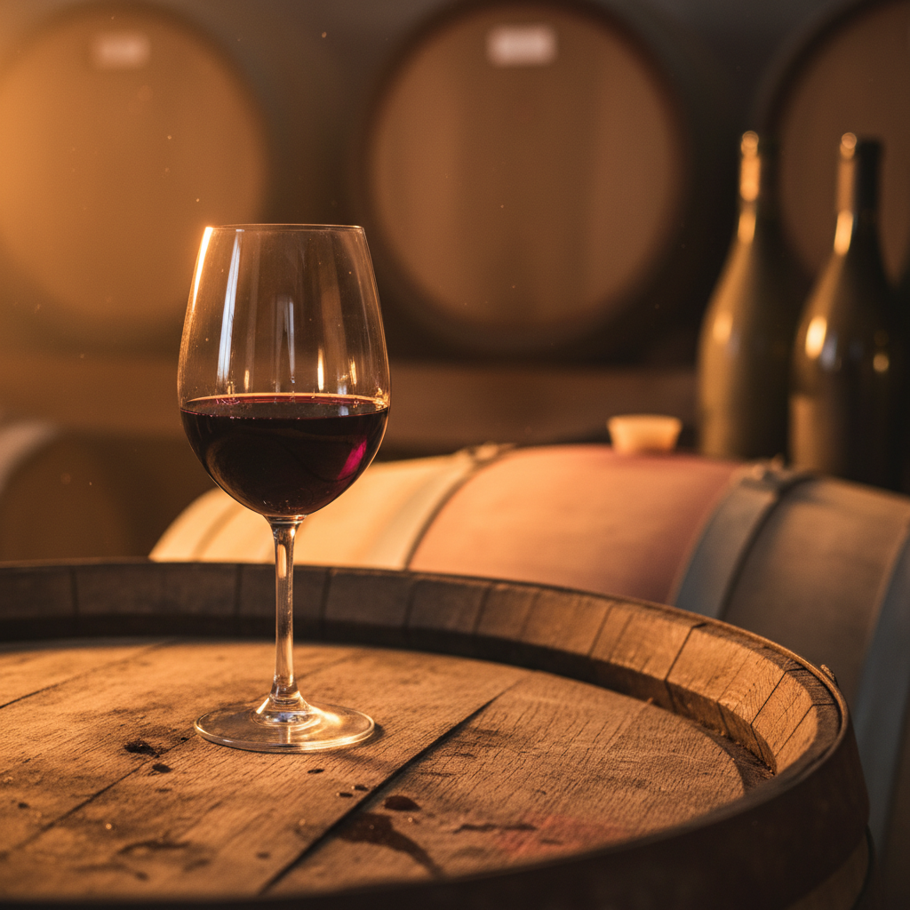 Taça de vinho Tempranillo sobre um barril de carvalho em uma adega espanhola.