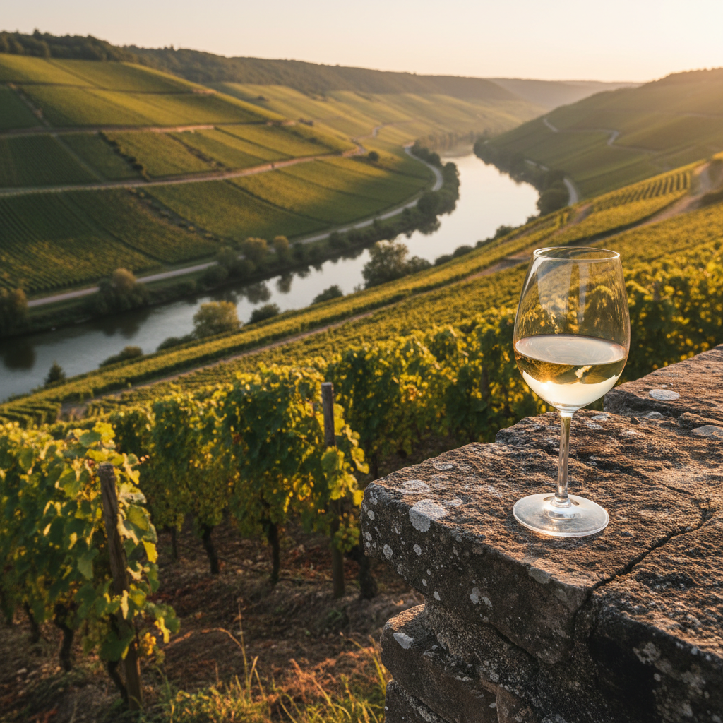 Taça de vinho branco sobre barril de madeira em vinhedo exuberante da Mosela, Luxemburgo, ao pôr do sol.