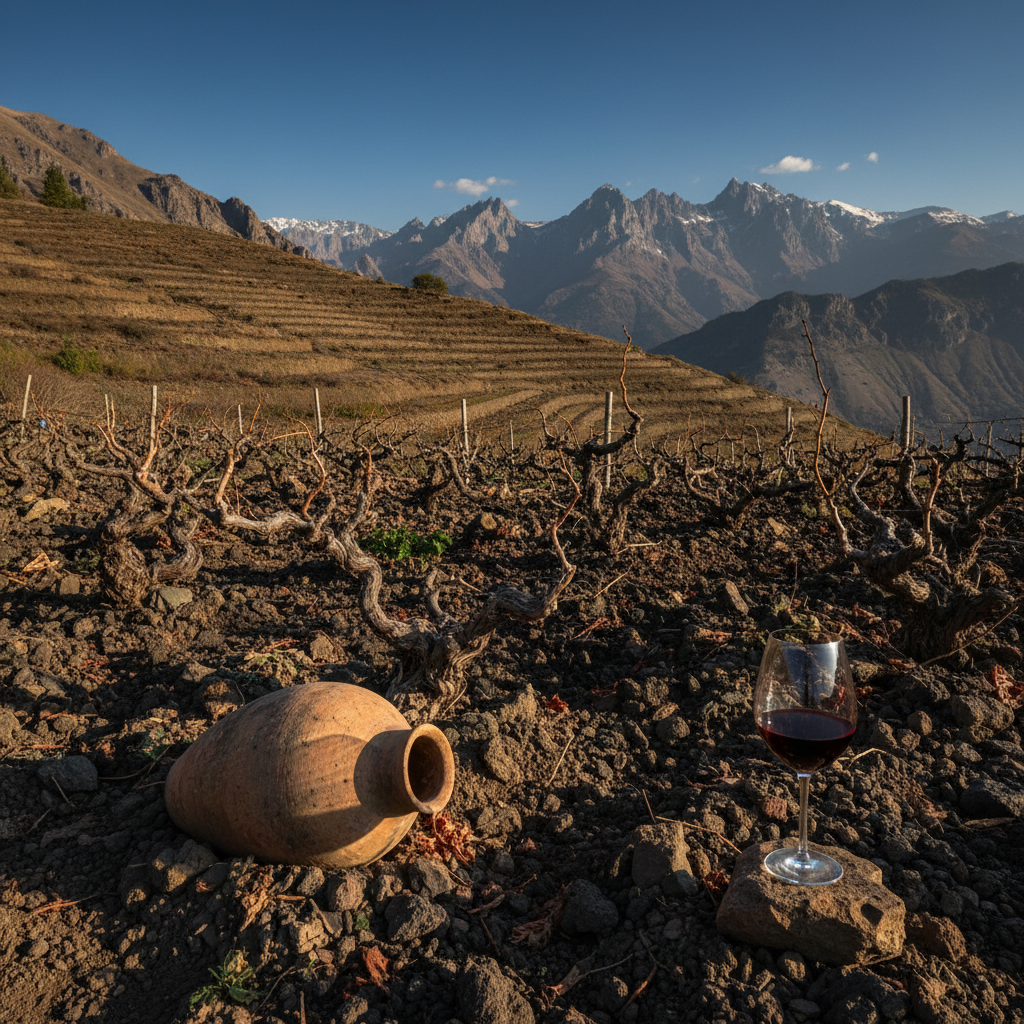 Vinhedo armênio de altitude extrema com solo vulcânico, montanhas dramáticas e um karas de barro, representando o terroir único.