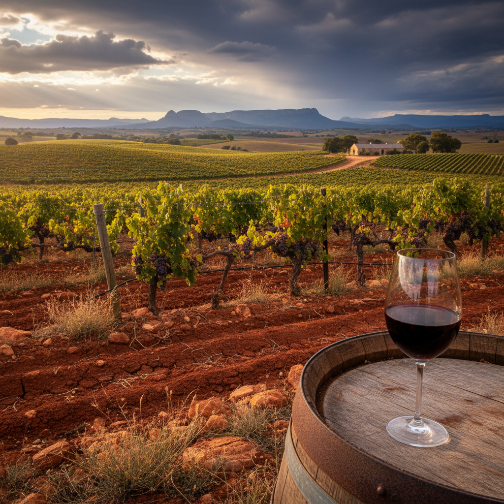 Vinhedo australiano exuberante com solo vermelho-alaranjado característico, iluminado pelo sol, e uma taça de vinho elegante sobre um barril de carvalho no primeiro plano.