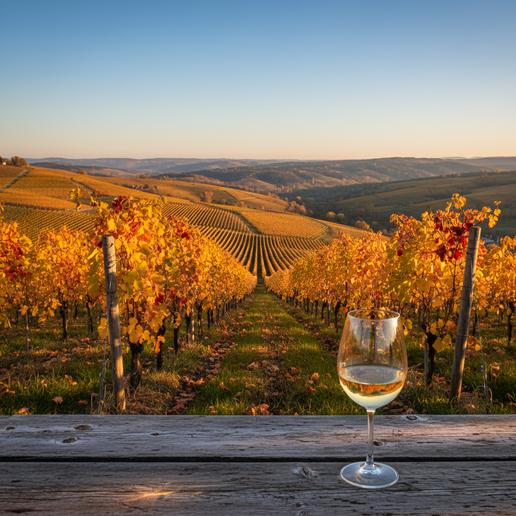 Vinhedo austríaco em socalcos ao entardecer, com um copo de vinho branco refletindo a paisagem dourada, simbolizando a influência do terroir.