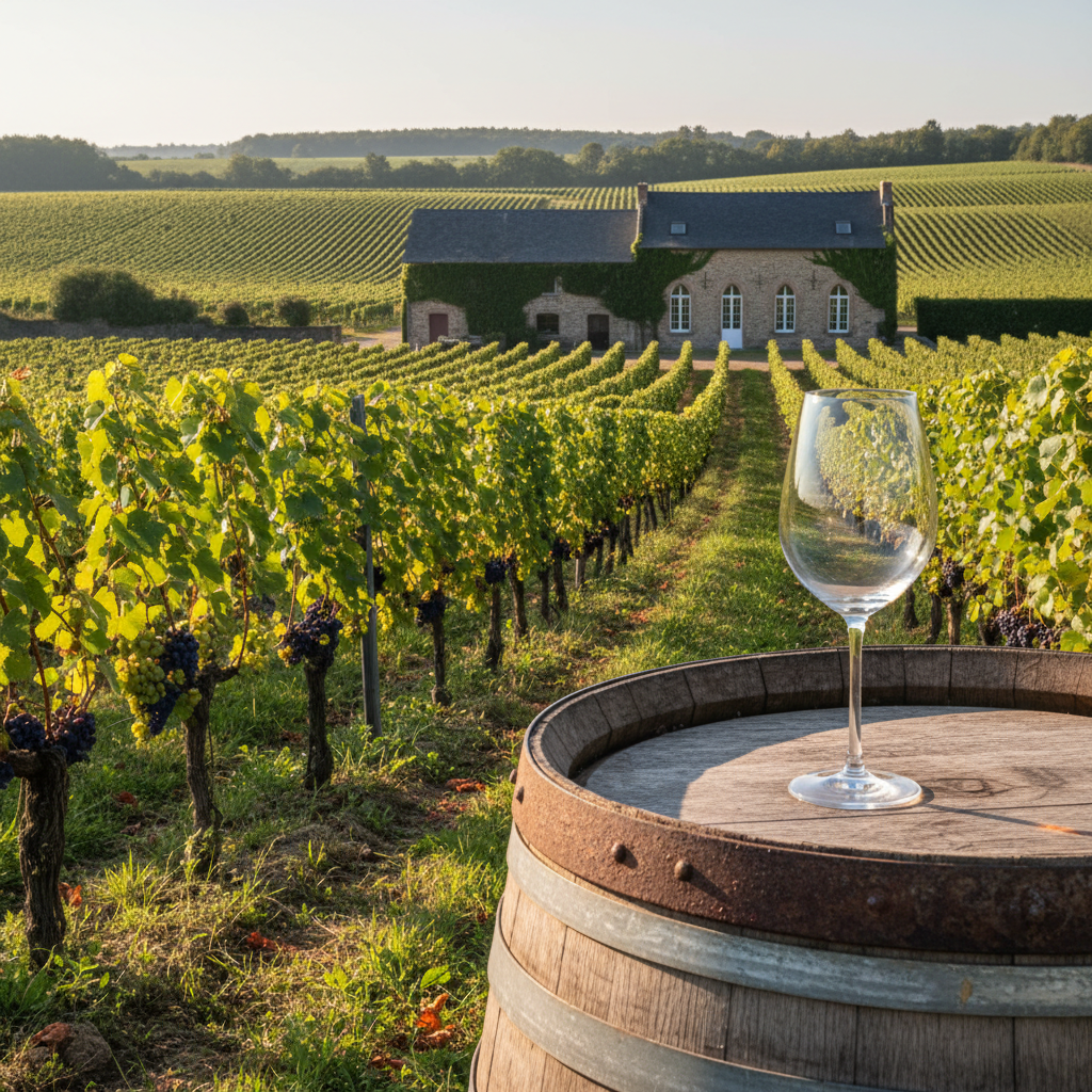 Vinhedo belga na região de Valônia ou Flandres, com videiras exuberantes e uma taça de vinho elegante em primeiro plano, simbolizando o terroir único da Bélgica.