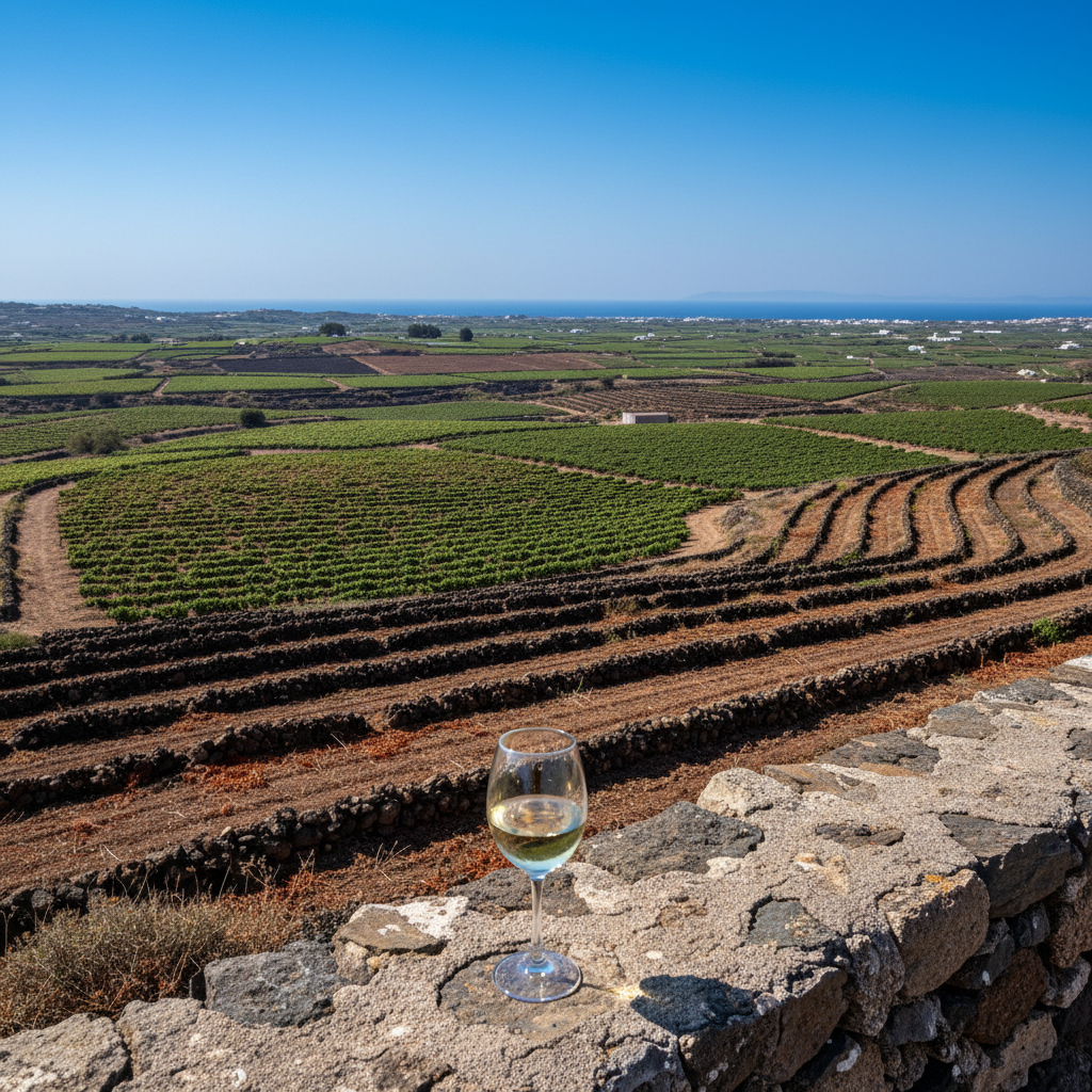 Um copo de vinho branco elegante sobre um muro de pedra, com um vinhedo grego de solo vulcânico e céu azul ao fundo.
