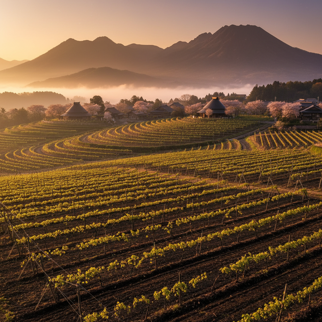 Vinhedo japonês com videiras em solo vulcânico e montanhas ao fundo, refletindo o terroir único do Japão.