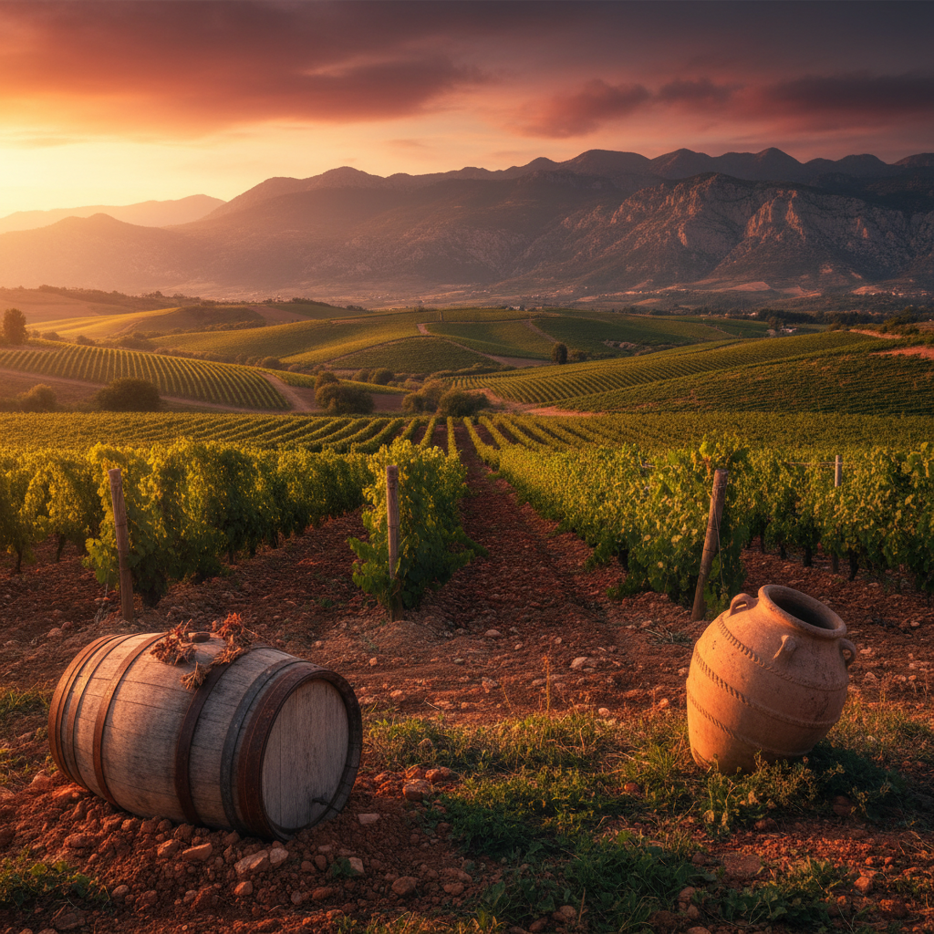 Vinhedo libanês ao pôr do sol, com montanhas ao fundo e um barril de carvalho no primeiro plano, destacando o terroir da região.