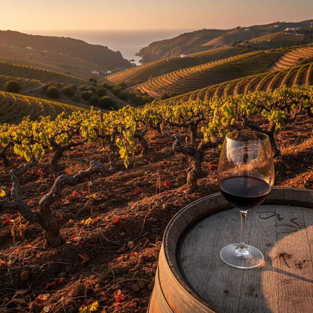 Vinhedo português exuberante com colinas e vinhas antigas, um rio sinuoso ao fundo e uma taça de vinho tinto sobre um barril de carvalho, refletindo a riqueza do terroir.