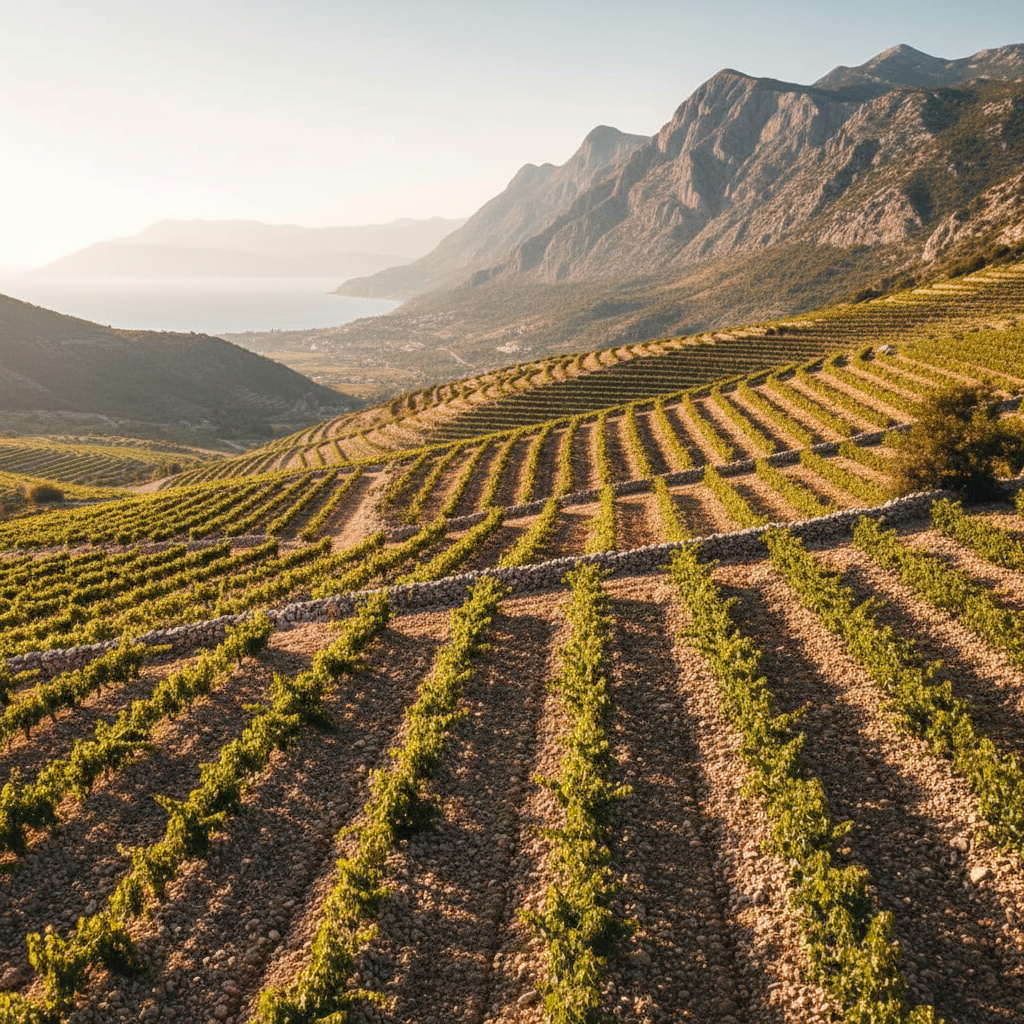 Vinhedo montenegrino com videiras crescendo em solo rochoso de calcário, com montanhas e o Mar Adriático ao fundo, refletindo o clima e terroir únicos da região.