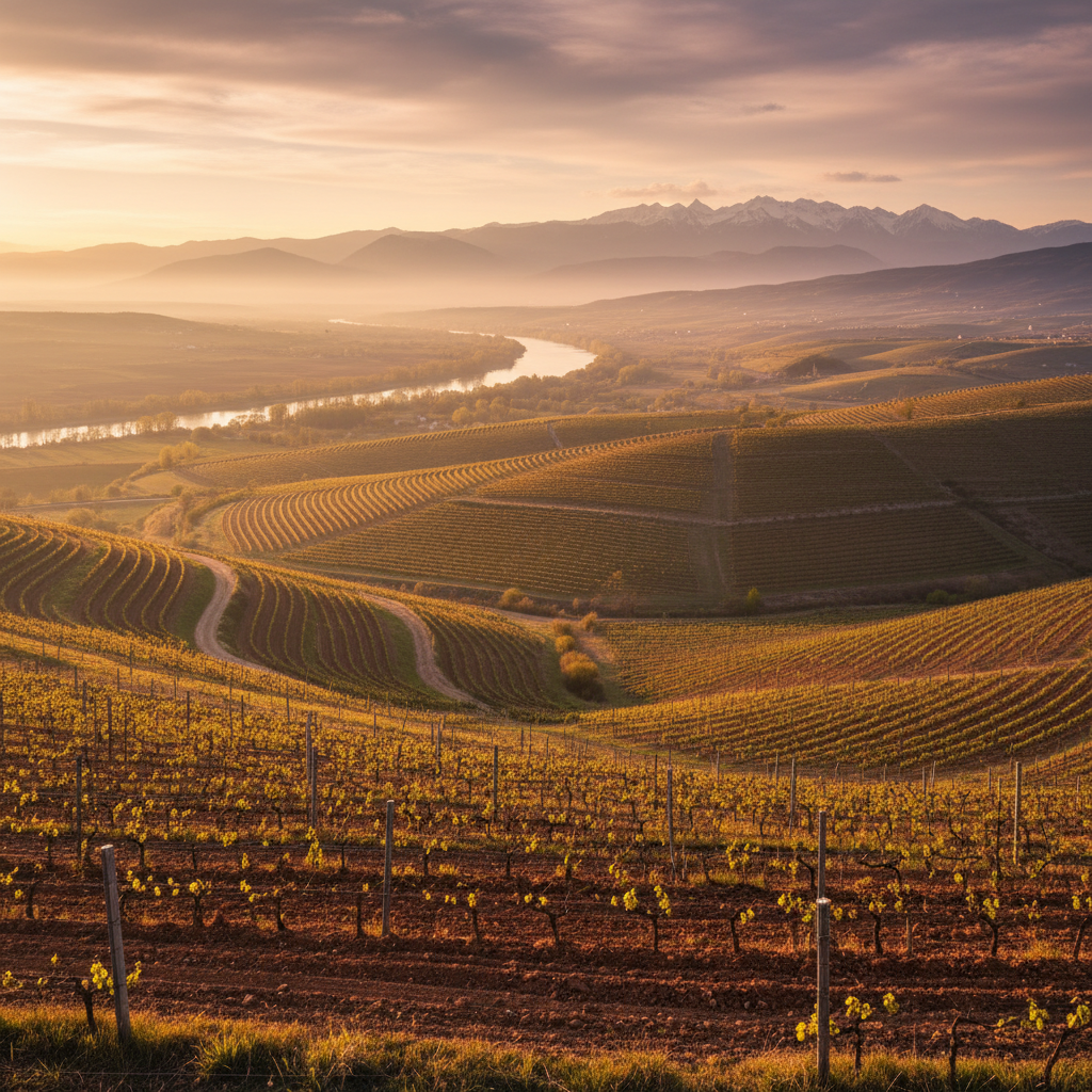 Paisagem de um vinhedo na Sérvia, mostrando o solo rico, as colinas e a luz natural que definem o seu terroir e clima para vinhos únicos.