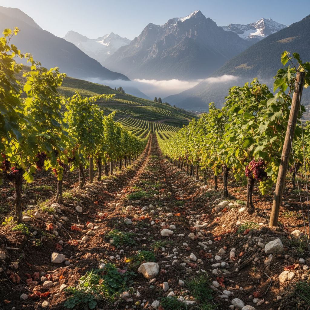 Vinhedo suíço exuberante com fileiras de videiras se estendendo por um solo rochoso e diverso, em primeiro plano, com montanhas alpinas imponentes e um céu claro ao fundo, ilustrando o terroir único da Suíça.