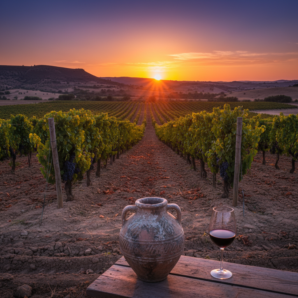 Vinhedo tunisiano ao pôr do sol com ânfora de barro e taça de vinho, representando a singularidade do terroir.