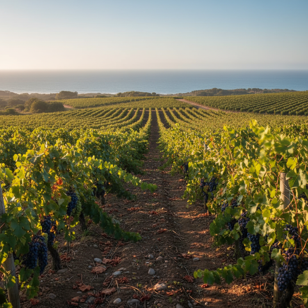 Vinhedo costeiro no Uruguai com brisa do Atlântico e solo rico, simbolizando o terroir único da região.