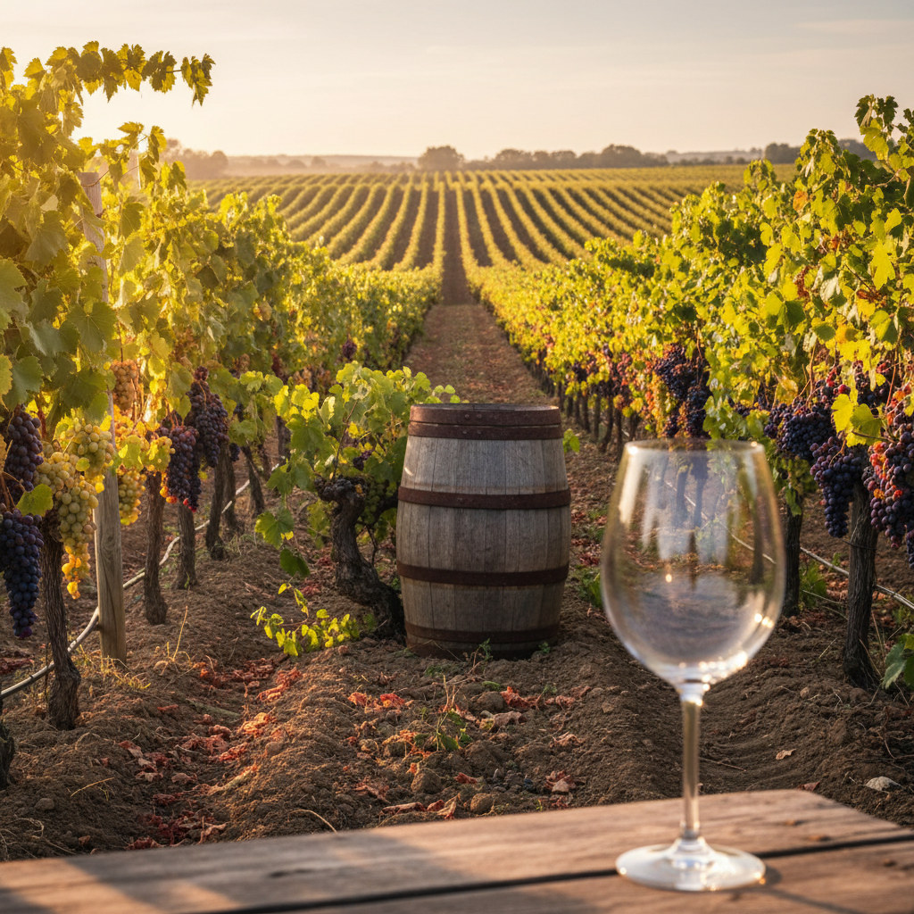 Paisagem fotorealista de um vinhedo ao pôr do sol, com uvas brancas e tintas em destaque, um barril de vinho de carvalho e uma taça de vinho refletindo a paisagem, ilustrando o conceito de terroir.