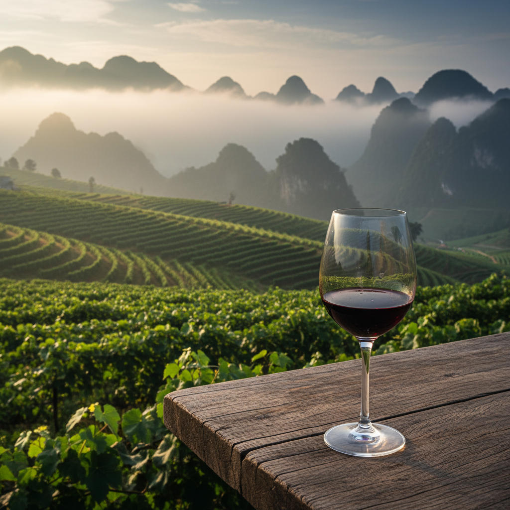Vinhedo em socalcos nas montanhas do Vietnã com neblina, e uma taça de vinho tinto sobre uma mesa de madeira rústica, refletindo a paisagem exuberante.