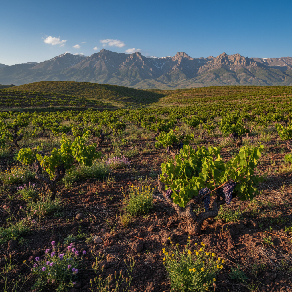 Vinhedos exuberantes em paisagem montanhosa do Azerbaijão, destacando o solo vulcânico e a beleza natural da região vitivinícola.