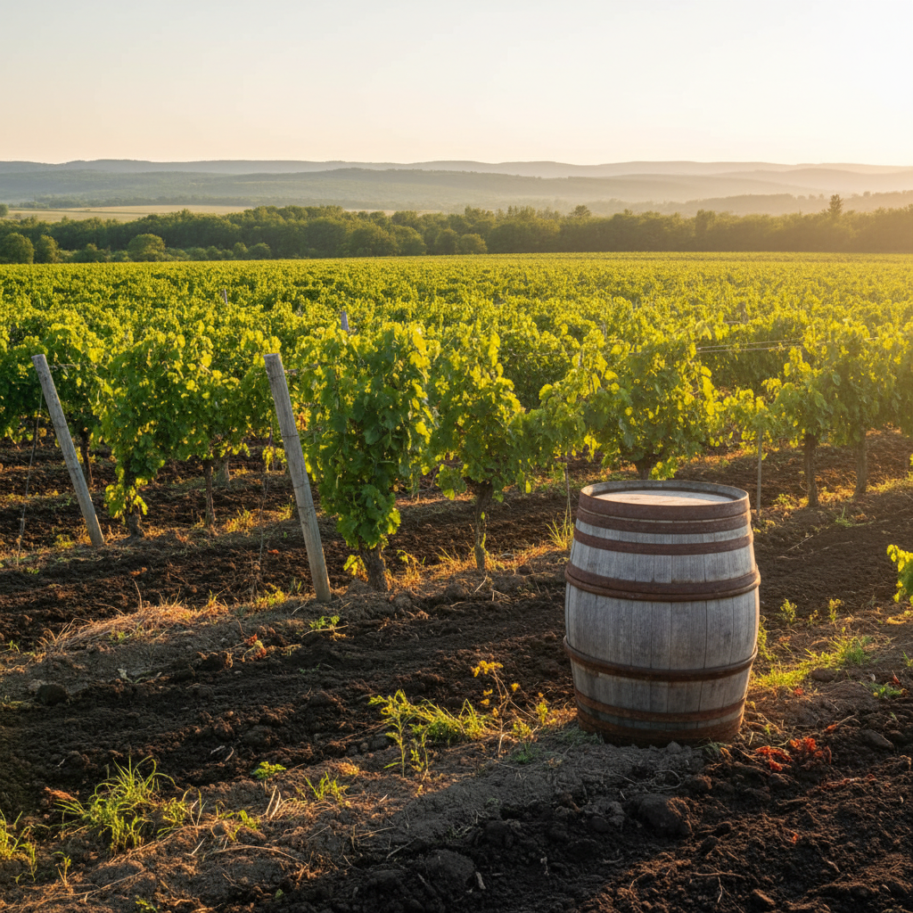 Vinhedo moldavo ao entardecer com solo chernozem fértil e barril de carvalho, destacando a paisagem vitivinícola.