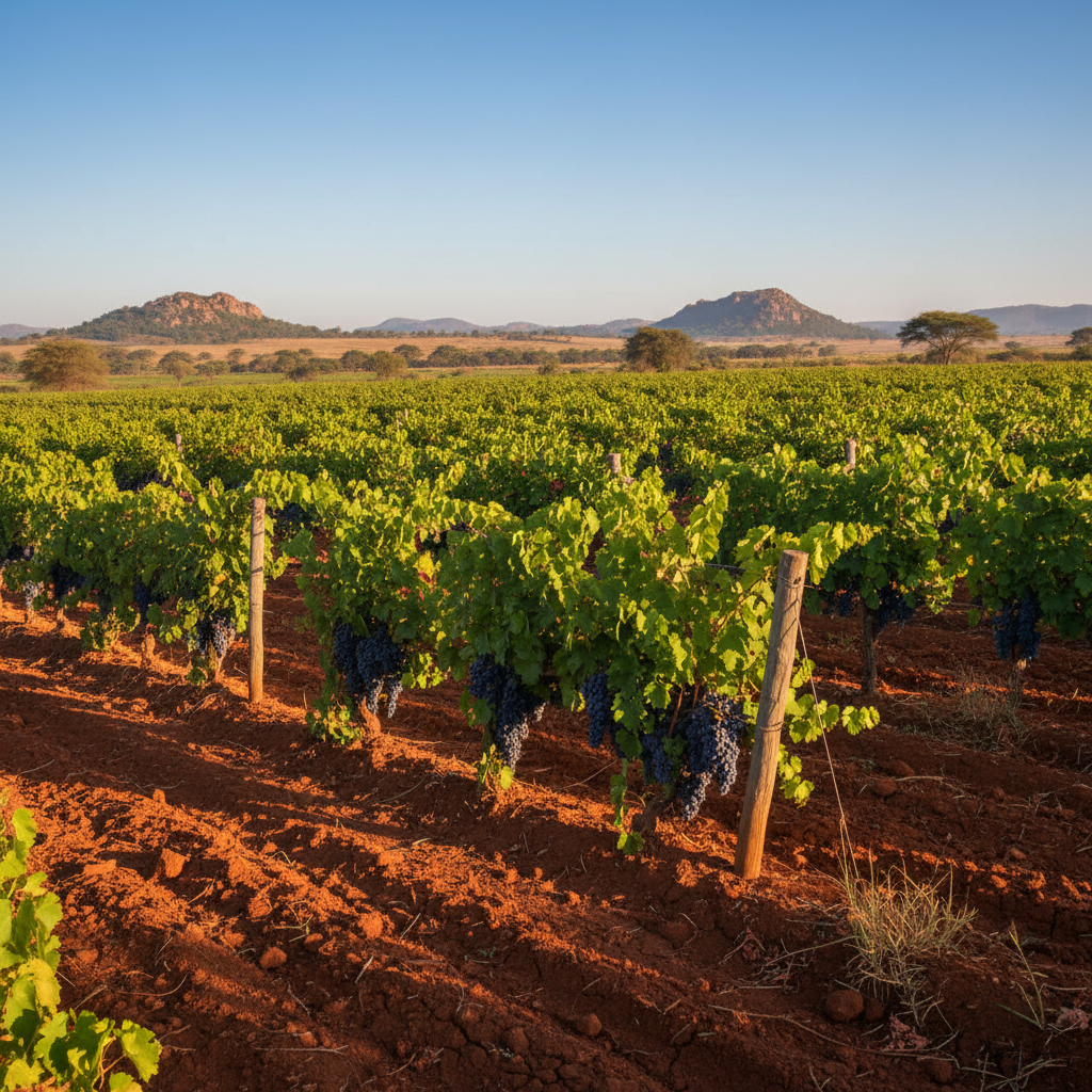 Vinhedo no Zimbábue mostrando o solo fértil e as parreiras saudáveis sob o sol africano, com colinas e formações rochosas ao fundo.