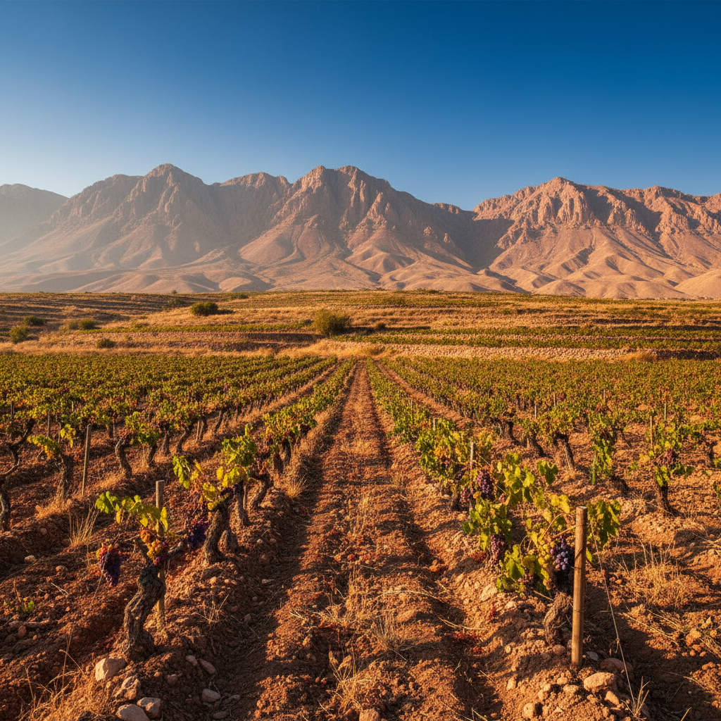 Vinhedos antigos banhados pelo sol em uma paisagem montanhosa evocando o potencial vitícola histórico e futuro do Irã.