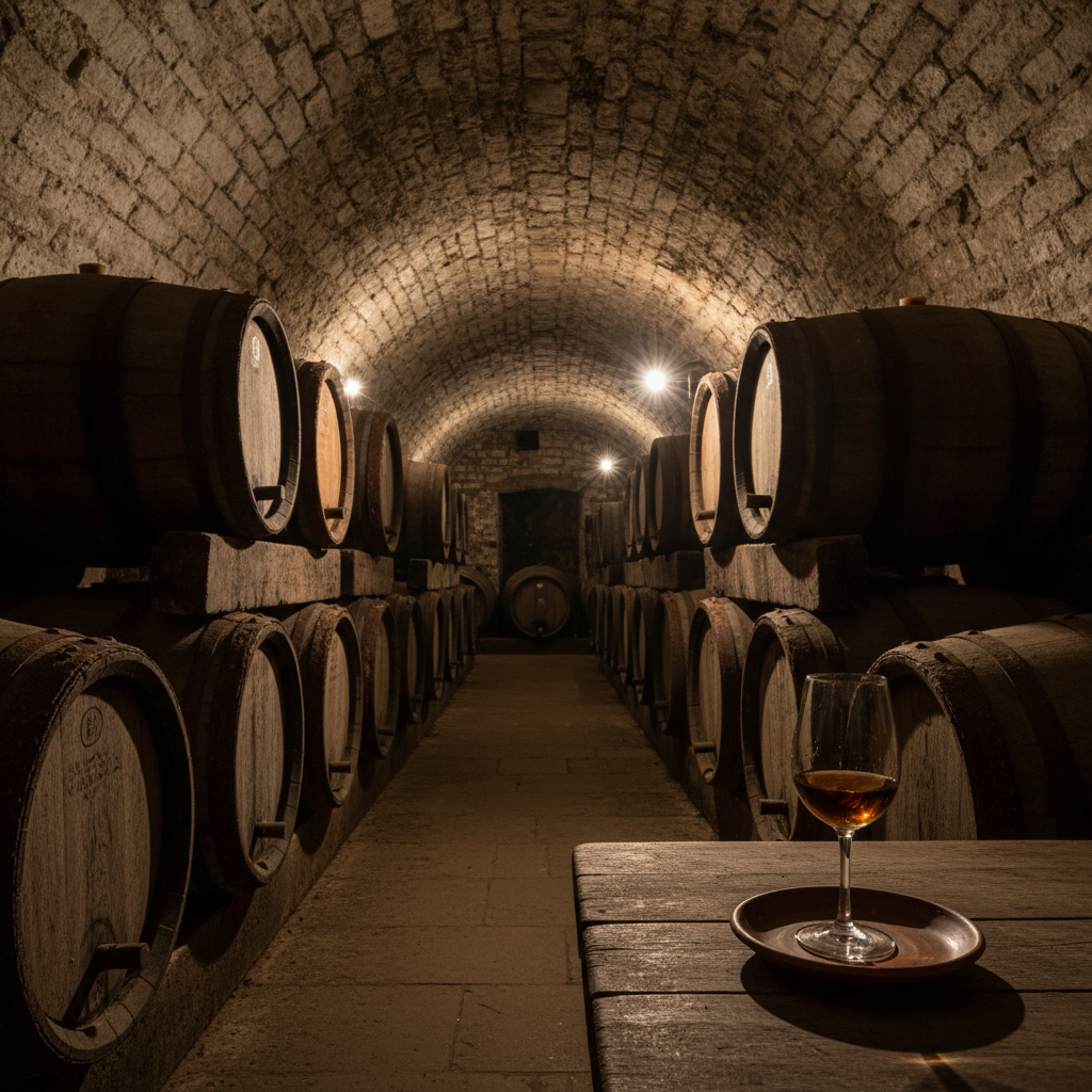 Interior de uma adega tradicional de Tokaj, com barris de carvalho antigos empilhados e uma taça de vinho dourado sobre uma mesa rústica, sob luz suave.