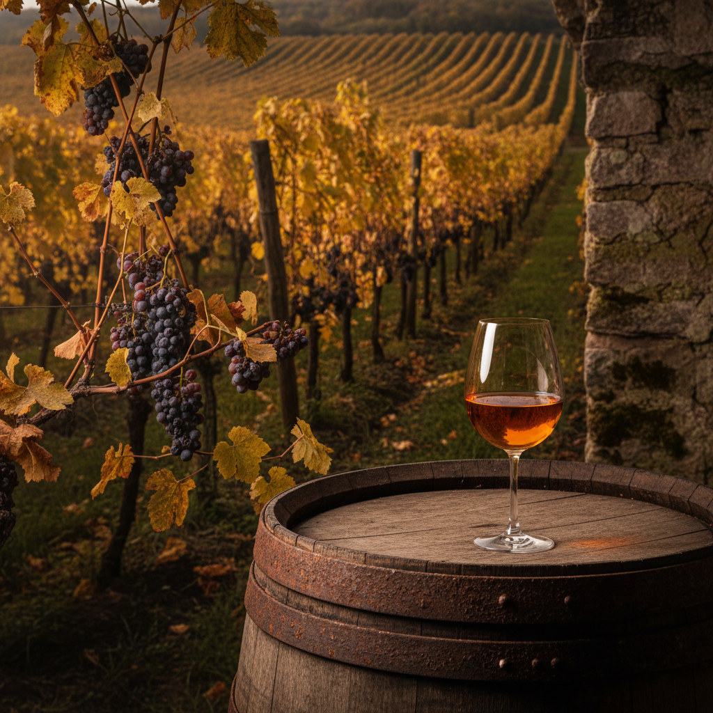 Vinhedo de Tokaj Eslovaco no outono com uvas afetadas por botrytis, barril de madeira em adega e taça de vinho doce âmbar.