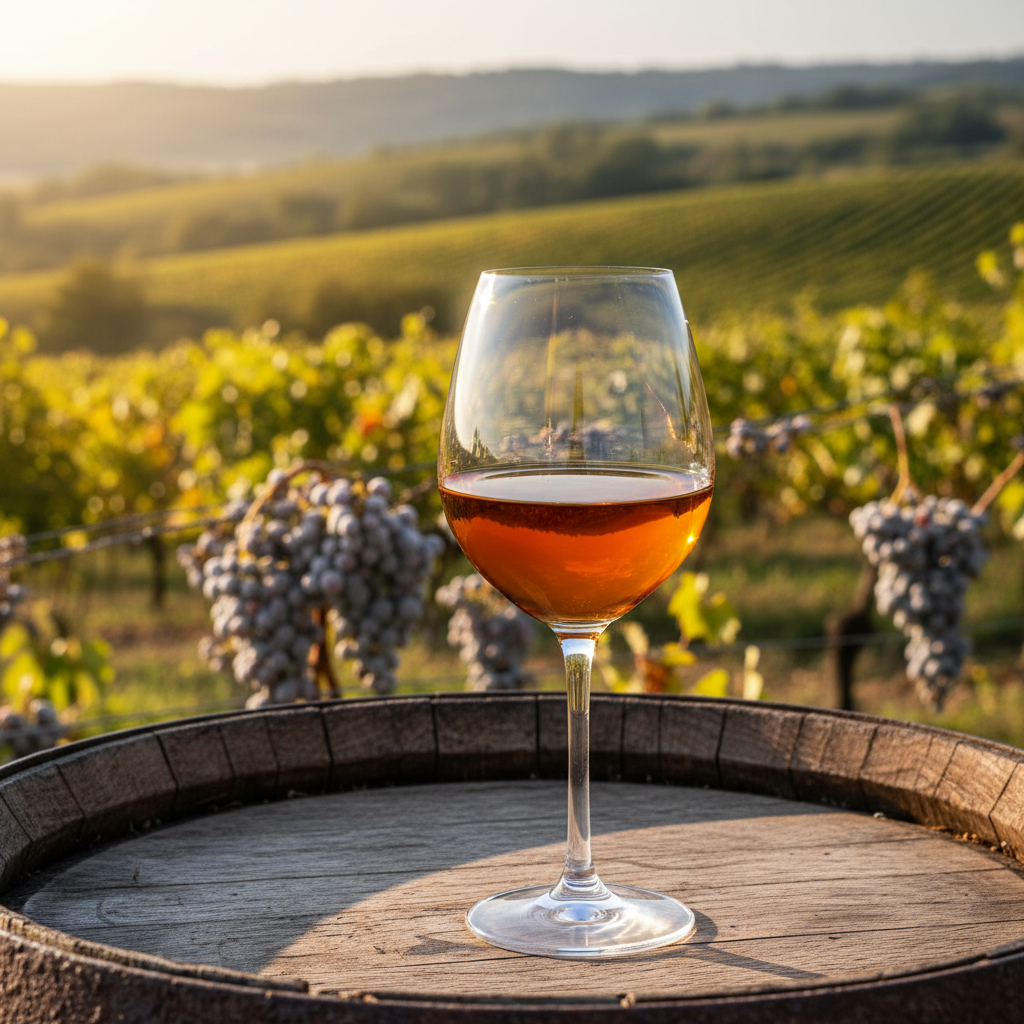 Taça de Tokaji Aszú dourado em mesa rústica, com um vinhedo húngaro ensolarado e videiras com botrytis ao fundo.
