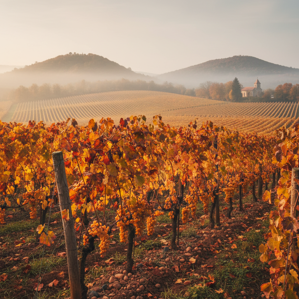 Cacho de uvas com Botrytis cinerea em um vinhedo de Tokaj, Hungria, sob a luz do outono, indicando a origem do vinho Tokaji Aszú.