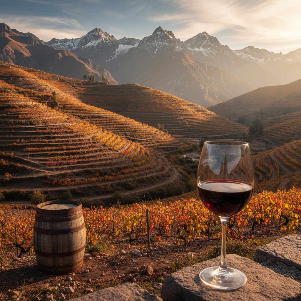 Vinhedo em terraços nos Andes bolivianos ao pôr do sol, com uma taça de vinho tinto e um barril de carvalho rústico.