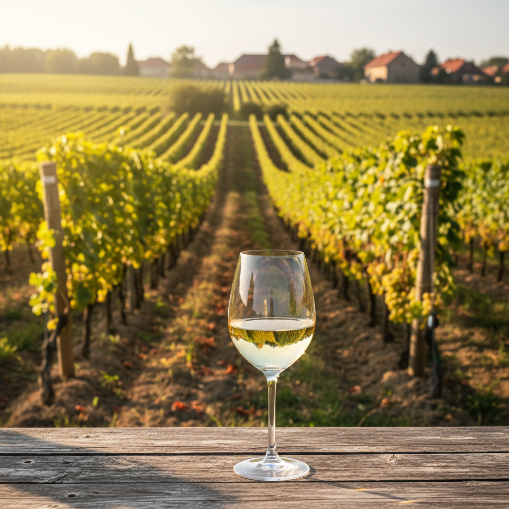 Vinhedo ensolarado na Morávia, República Tcheca, com uma taça de vinho branco elegante em primeiro plano, simbolizando a crescente qualidade e sofisticação dos vinhos tchecos modernos.