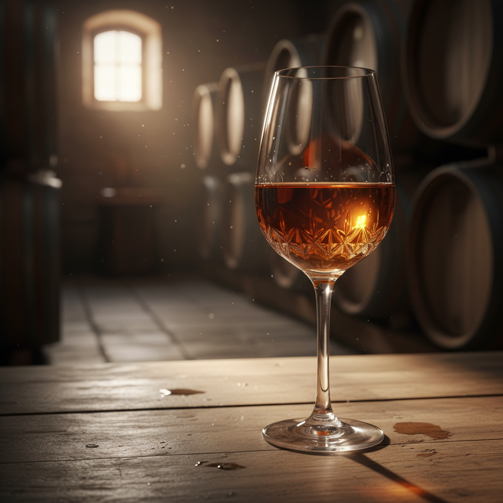 Taça elegante de vinho laranja com reflexos âmbar em uma adega rústica com barris de carvalho.