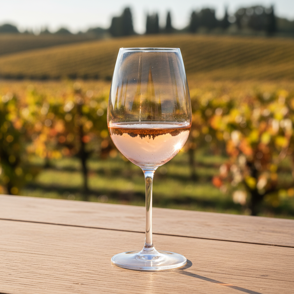 Taça de vinho rosé nacional com coloração delicada, em uma mesa rústica de madeira, com um vinhedo brasileiro ensolarado ao fundo, sugerindo um momento de degustação acessível e surpreendente.