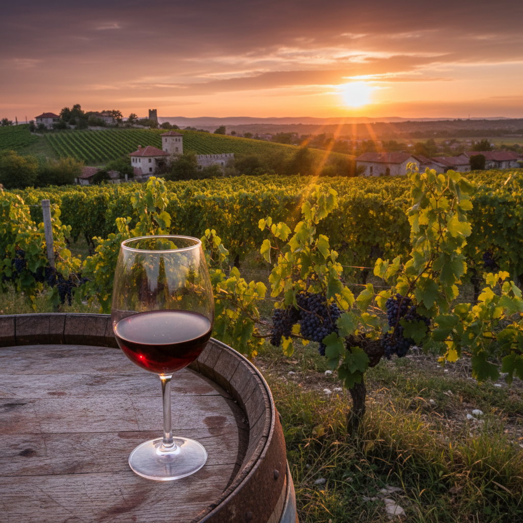 Vista panorâmica de um vinhedo na Bósnia e Herzegovina ao pôr do sol, com uma taça de vinho tinto sobre um barril de carvalho em primeiro plano.