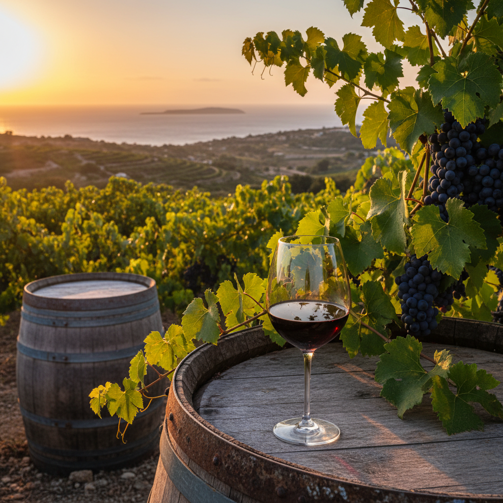 Taça de vinho tinto sobre um barril de carvalho em um vinhedo maltês ao pôr do sol, com o Mar Mediterrâneo ao fundo.