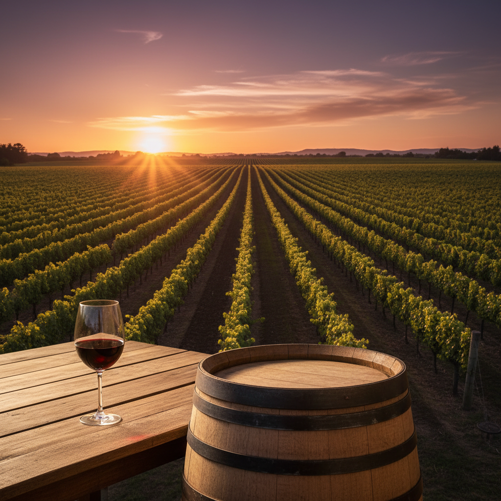 Taça de vinho tinto e barril de carvalho em um vinhedo uruguaio ao pôr do sol, representando o turismo enológico no Uruguai.