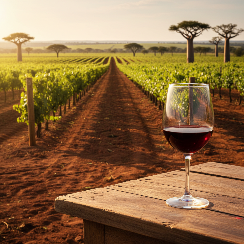 Taça de vinho tinto em uma mesa rústica ao pôr do sol, com um vinhedo moderno e ensolarado ao fundo, evocando a produção de vinhos em climas quentes.