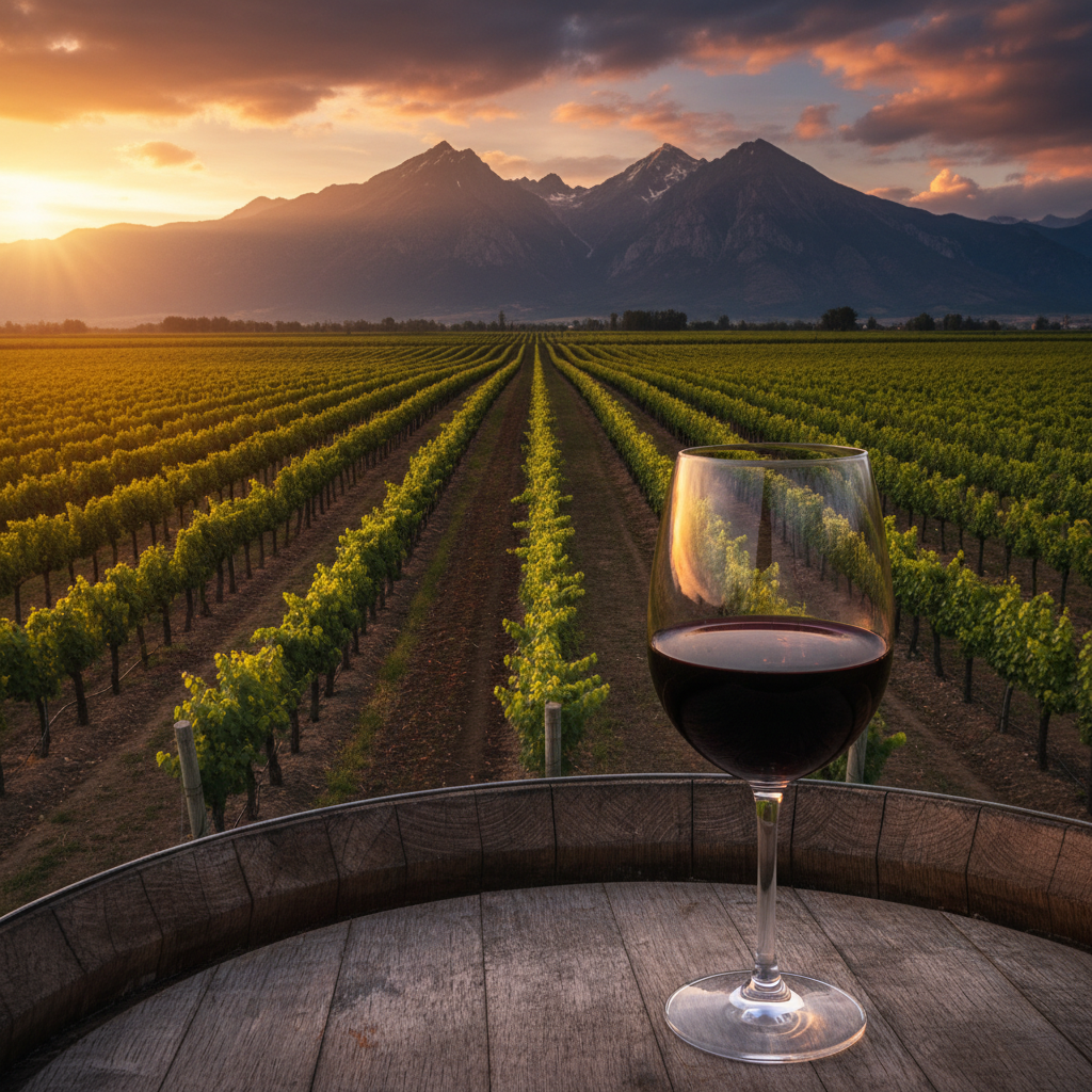 Vinhedo andino exuberante no Equador ao pôr do sol, com montanhas ao fundo e uma taça de vinho tinto sobre um barril de madeira rústico.