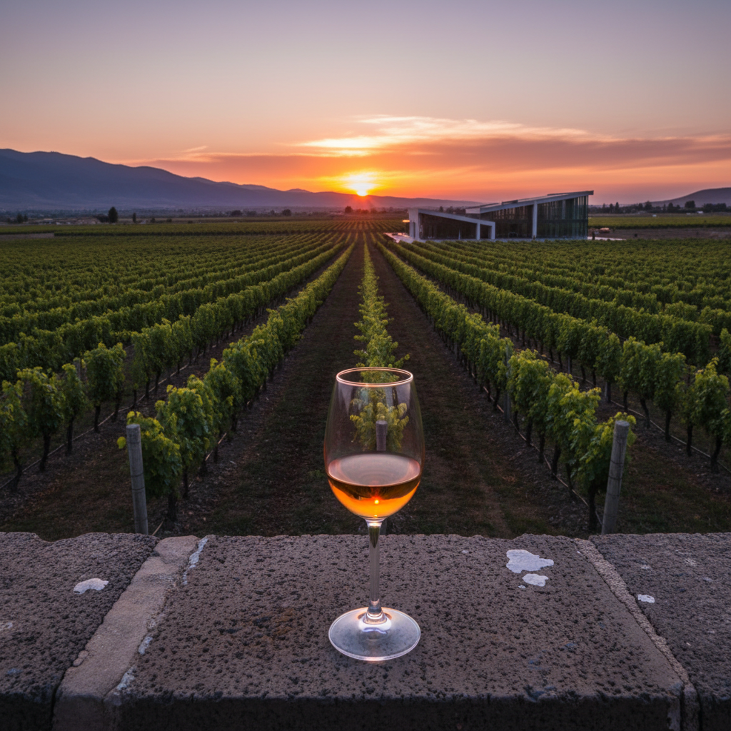 Vinhedo moderno na Armênia ao entardecer, com uma taça de vinho tinto sobre um muro de pedra, com a arquitetura inovadora de uma vinícola ao fundo.