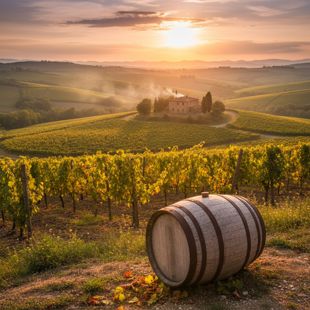 Vinhedos da Toscana ao pôr do sol, com colinas cobertas por videiras, uma casa de fazenda de pedra tradicional e um barril de vinho rústico em primeiro plano.