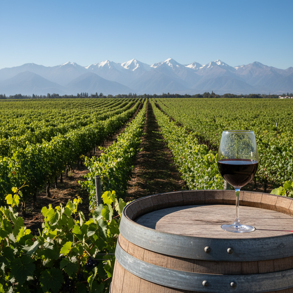 Vista panorâmica de um vinhedo chileno com os Andes ao fundo, um copo de vinho tinto sobre um barril de madeira.