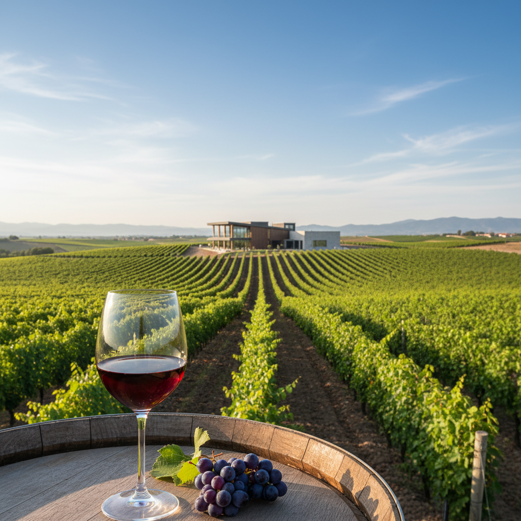 Vinhedo moderno na Trácia Turca ao pôr do sol, com taça de vinho tinto em primeiro plano e uma vinícola contemporânea ao fundo.
