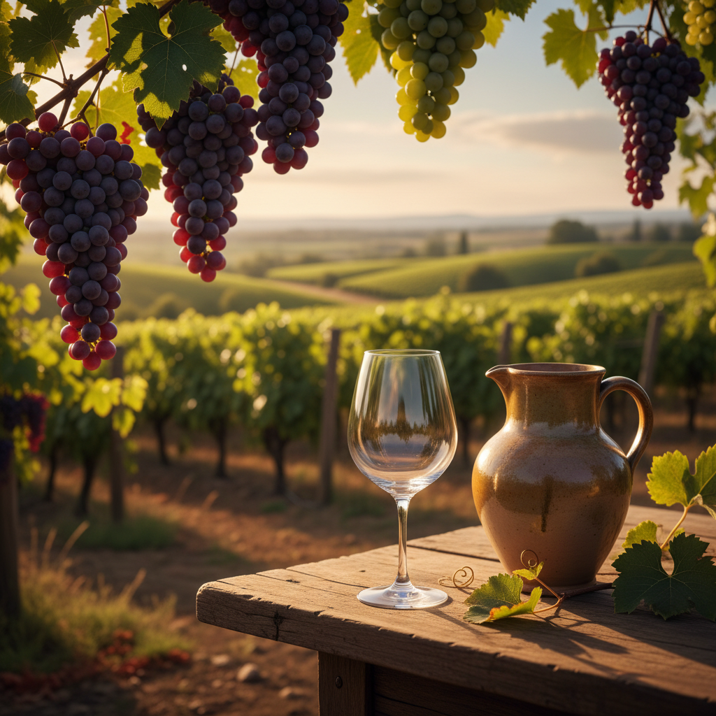 Vista de um vinhedo ensolarado com uvas maduras e uma taça de vidro vazia em uma mesa de madeira rústica, evocando a tradição das bebidas de uva.