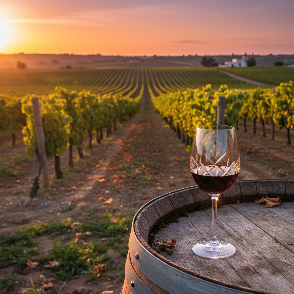Vinhedo tunisino ao pôr do sol com taça de vinho tinto sobre barril de carvalho, simbolizando a riqueza das regiões vinícolas do Mediterrâneo.
