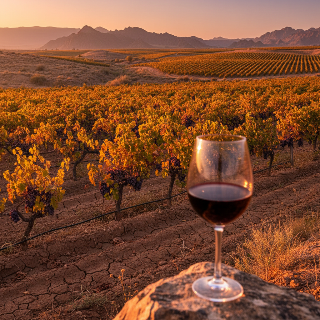 Vinhedo no Turcomenistão ao pôr do sol com uma taça de vinho tinto em primeiro plano, simbolizando a descoberta de uma nova região vinícola.